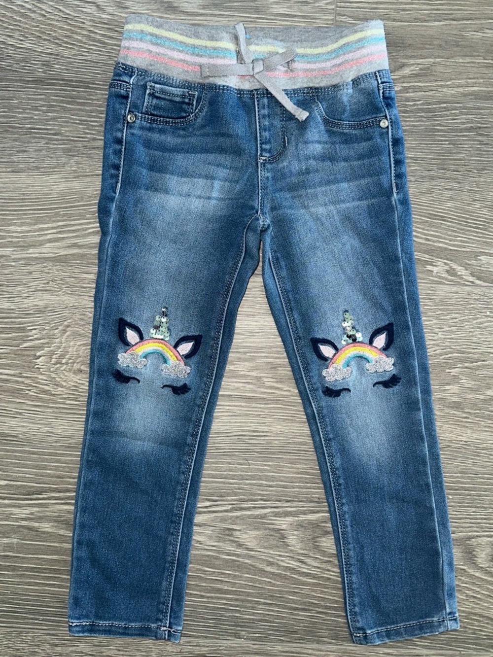 Girls Youth Kids Long Jean Blue Denim Pants Rainbow Silver Unicorn Size 4